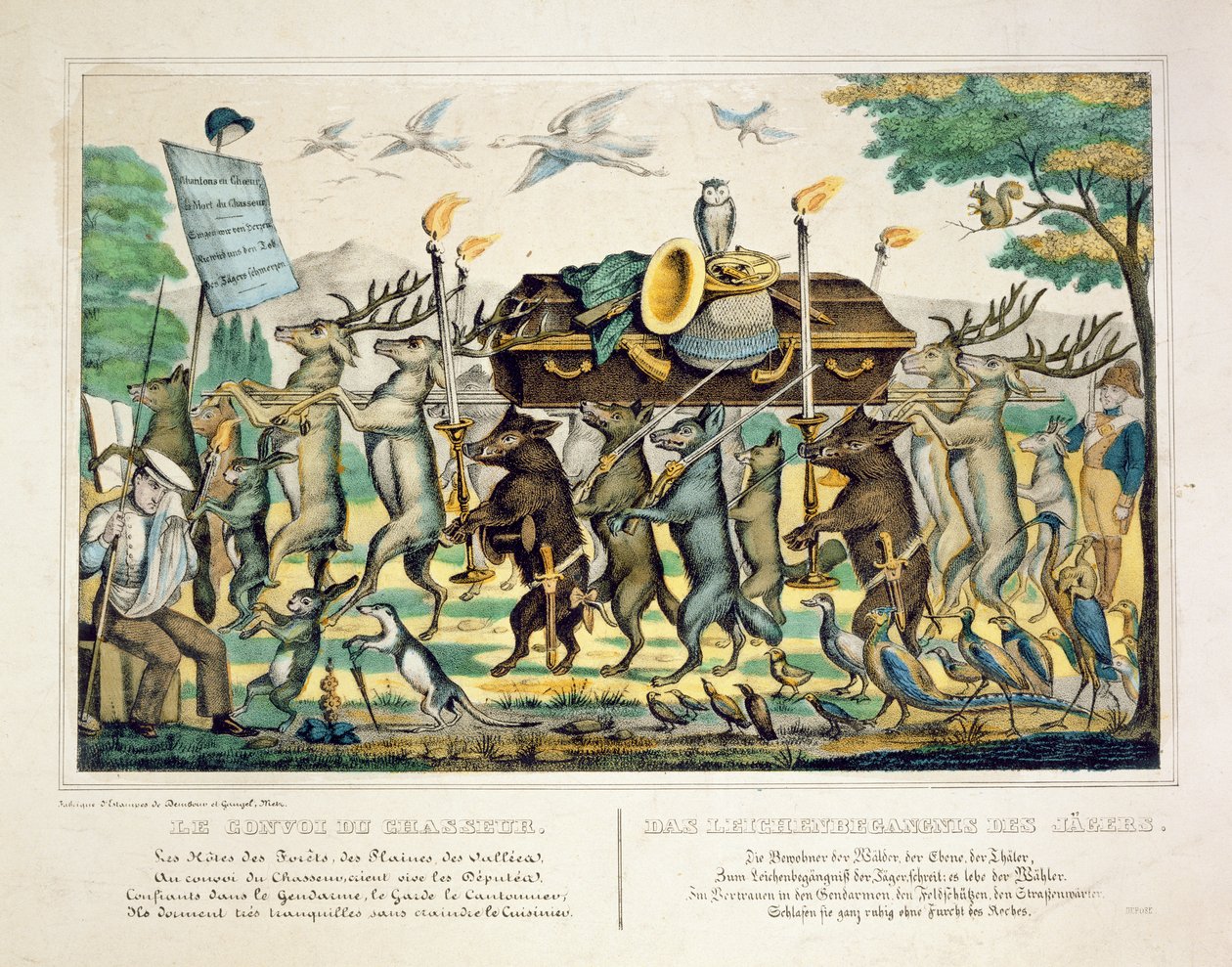 猎人游行，1850年（手工彩色版画） 作者 法语学校