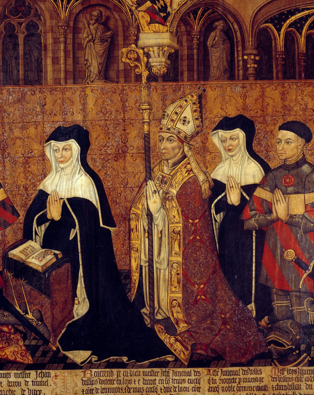 Archeveque 的 Jouvenel 家族 Ursins 细节（左边是 Jean Juvenal 的妻子）。 在法国学校的木头上作画。 1443-1449。 Sun 1,3x3,5 m 巴黎，中世纪国家博物馆，Thermes de Cluny 作者 法语学校