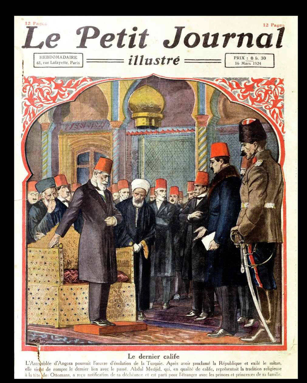 最后的哈里发，阿卜杜勒马吉德二世（1868-1944）安卡拉大会从Le Petit Journal，1924年从王座上罢免 作者 法语学校