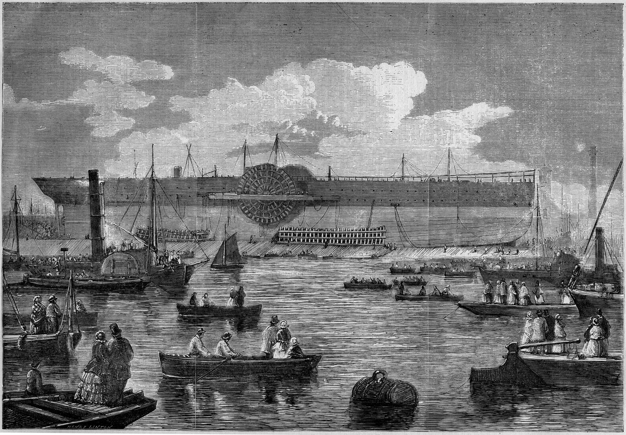 第一艘巨型邮轮 "利维坦 "号（大东方号），在1857年尝试下水时。1857年11月14日《世界画报》第31期上的雕刻。 作者 法语学校