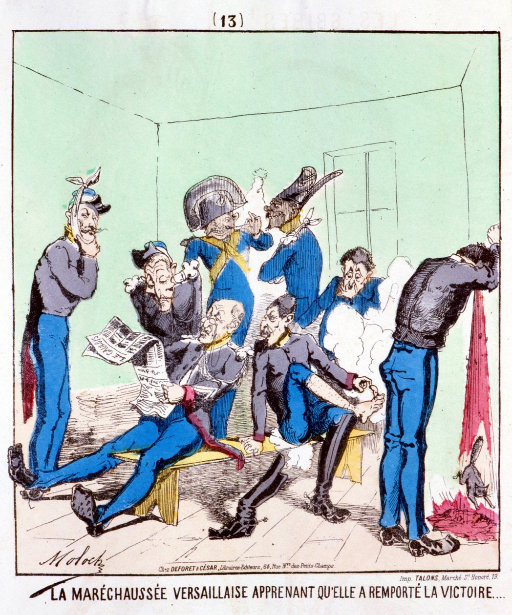 Maréchaussée Versailles 得知她赢得了胜利......关于巴黎公社的卡通片，大约 1870 年。 作者 法语学校