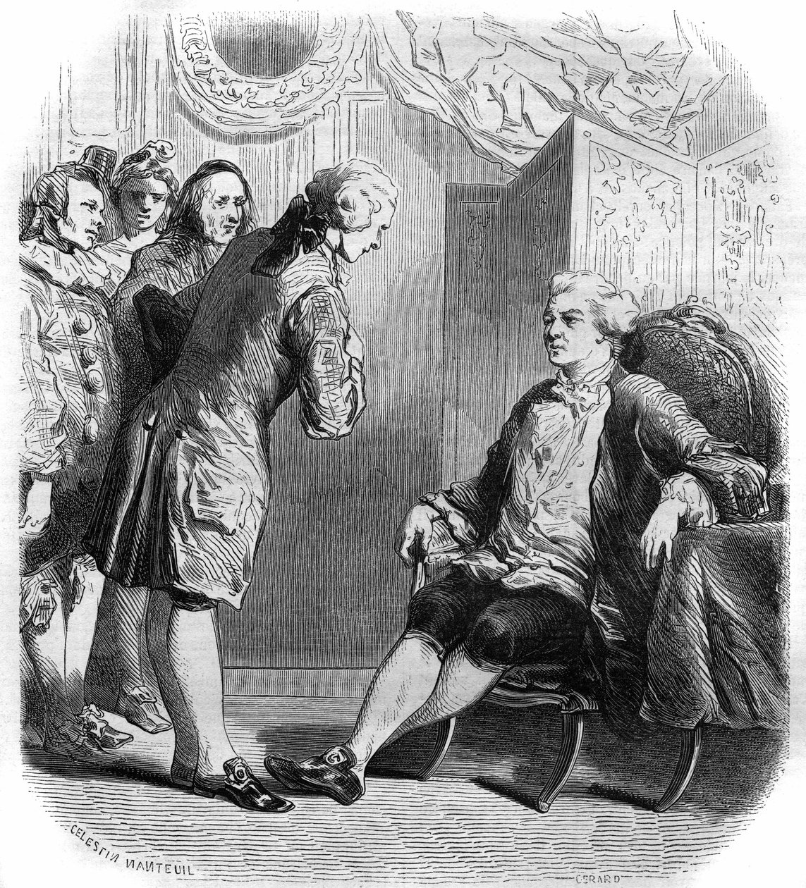 Puysieulx侯爵接待Philippe Nericault Destouches（1680-1754）和他的旅行喜剧演员团。1858-1859年的版画。 作者 法语学校