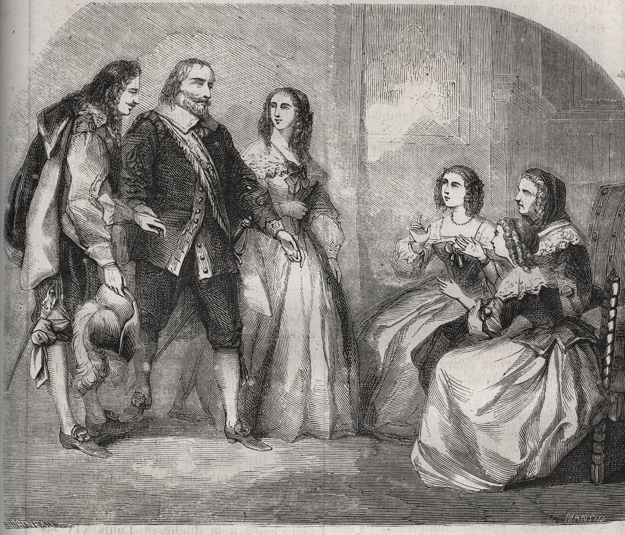 蒙特斯潘侯爵，路易-亨利（Louis-Henri）-德-帕尔达朗-德-贡德林（1640-1691）（左）前来向罗什夸特-莫特马尔的弗朗索瓦兹-雅典娜（Francoise-Athenais）（当时的蒙特斯潘侯爵夫人或蒙特斯潘夫人）提亲。 作者 法语学校