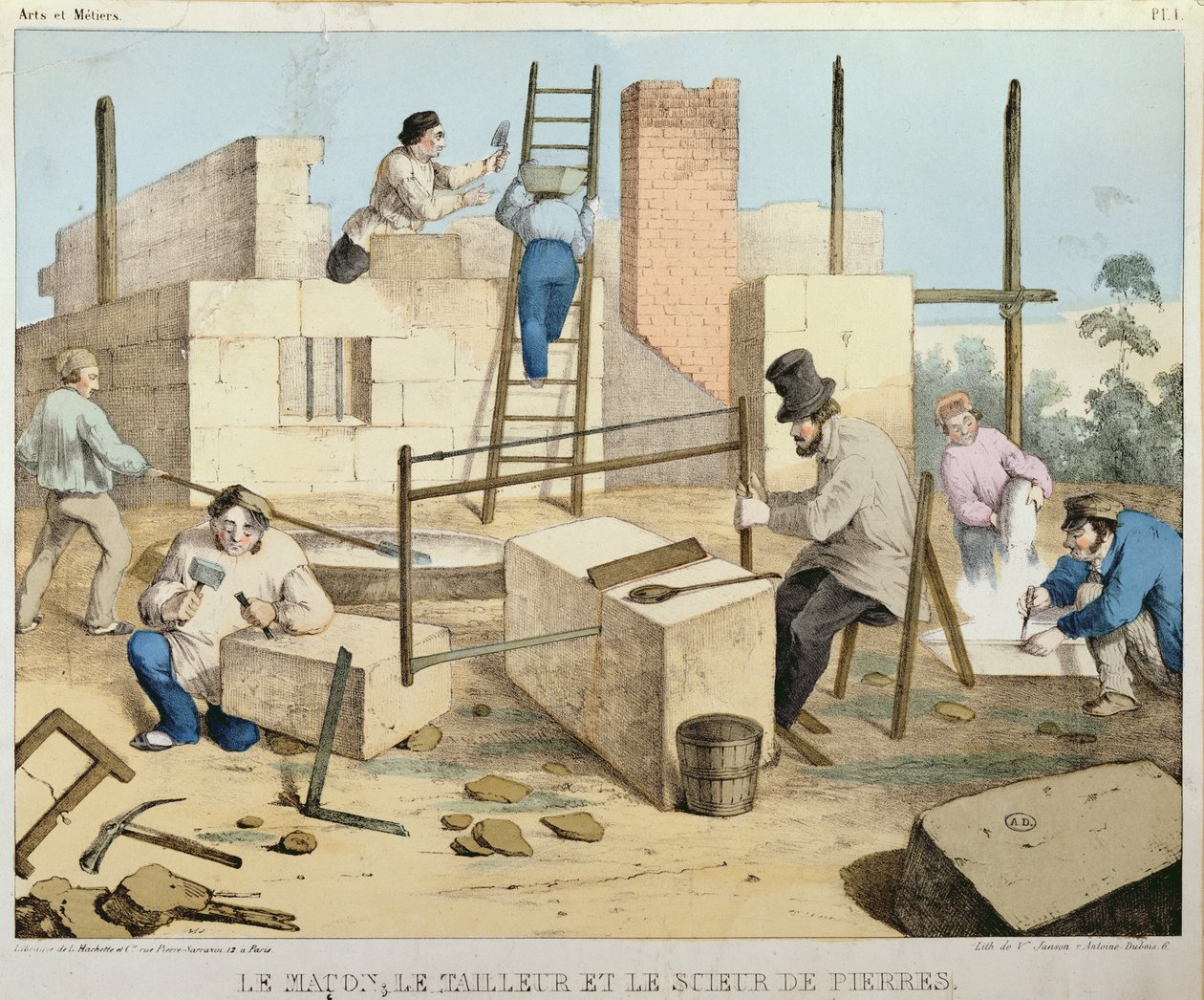 梅森，石刀和石锯工，1860年 作者 法语学校
