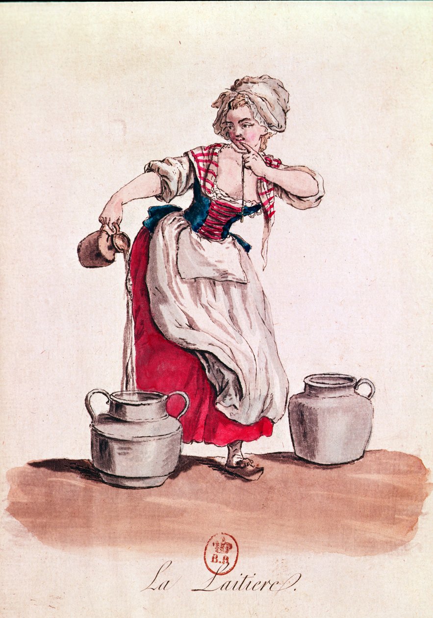 挤奶女工，1785年（彩色雕刻） 作者 法语学校
