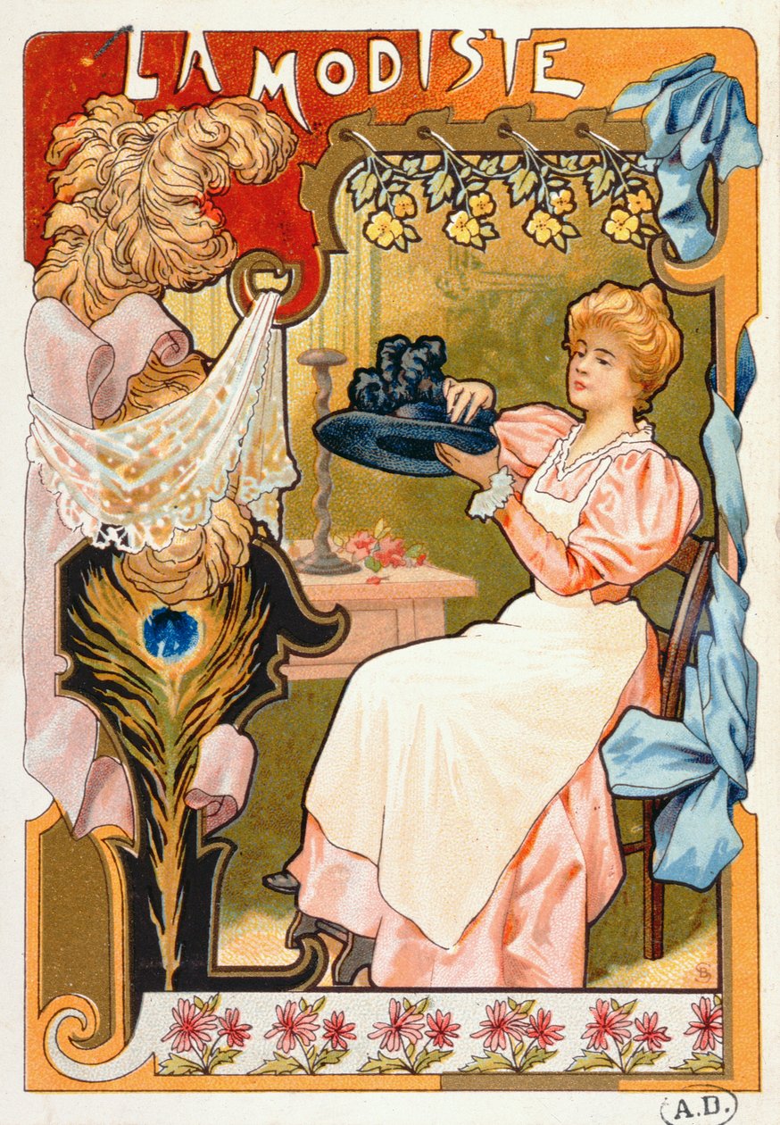 The Milliner，来自一系列描绘不同行业的石版画，1899年 作者 法语学校