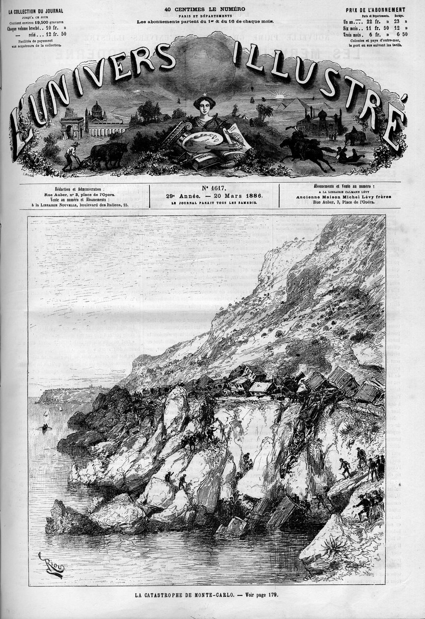 蒙特卡洛（Monte-Carlo）灾难：沿海岸铁路线上的火车事故。一份报纸。刊登在 "世界画报 "上的版画 作者 法语学校