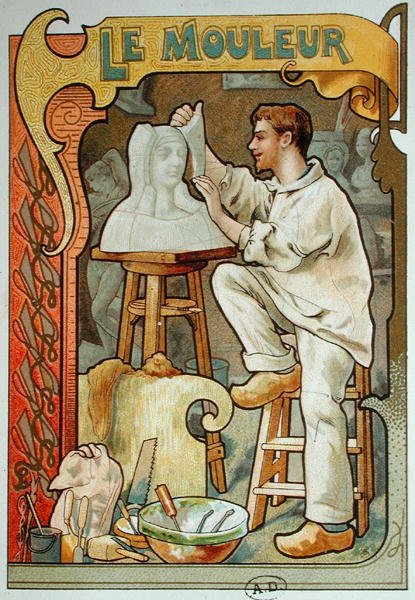 铸工，来自一本手工艺书的插图，约1899年（彩色平印）。 作者 法语学校
