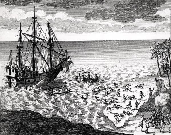 鹈鹕在海岸附近沉没，于1753年发表于Bacqueville de La Potherie（1663-1736）的Histoire de lAmerique septentrionale 作者 法语学校