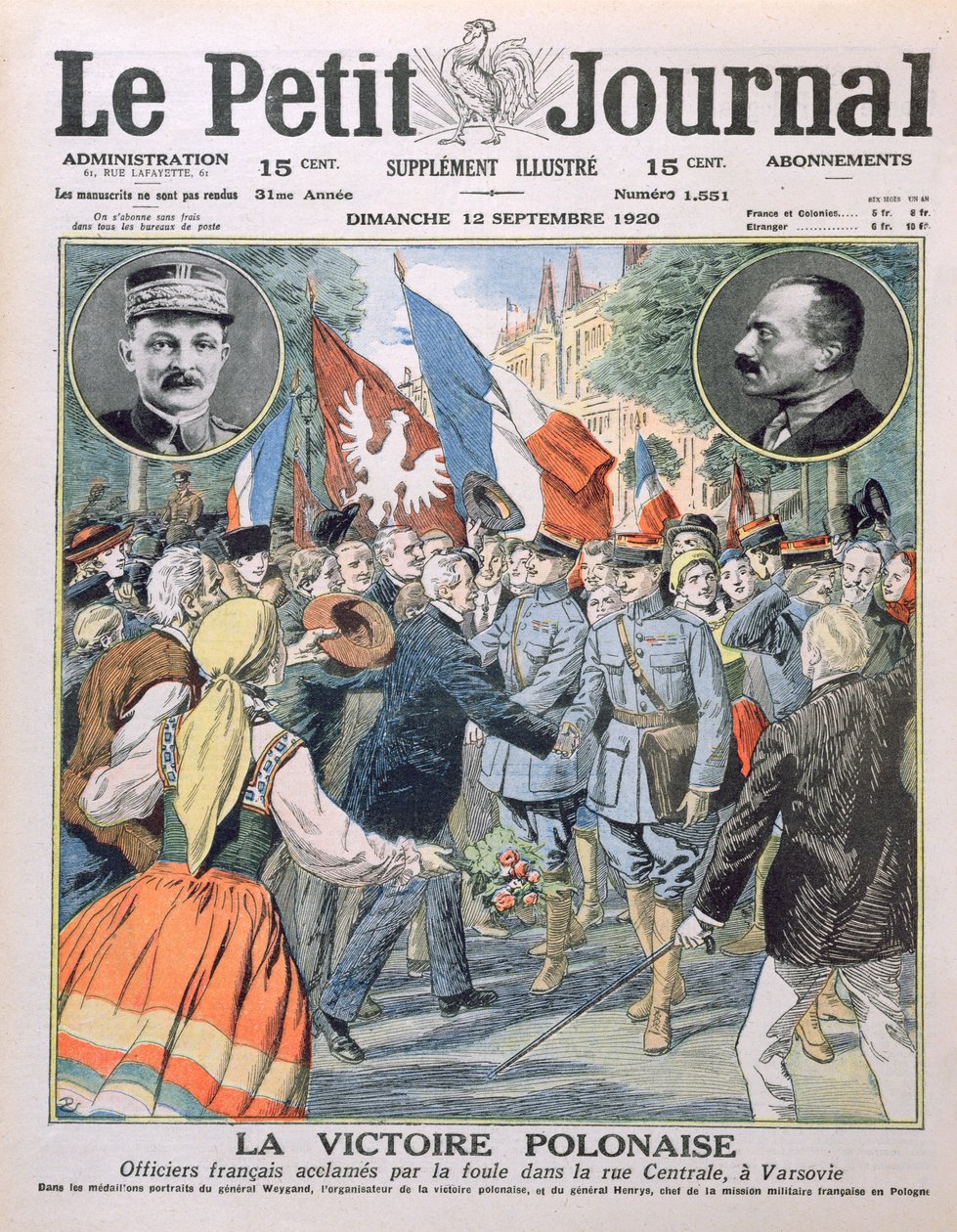 波兰胜利，法国官员在华沙中央街的人群中受到好评，报道了Le Petit Journal，1920年9月12日 作者 法语学校