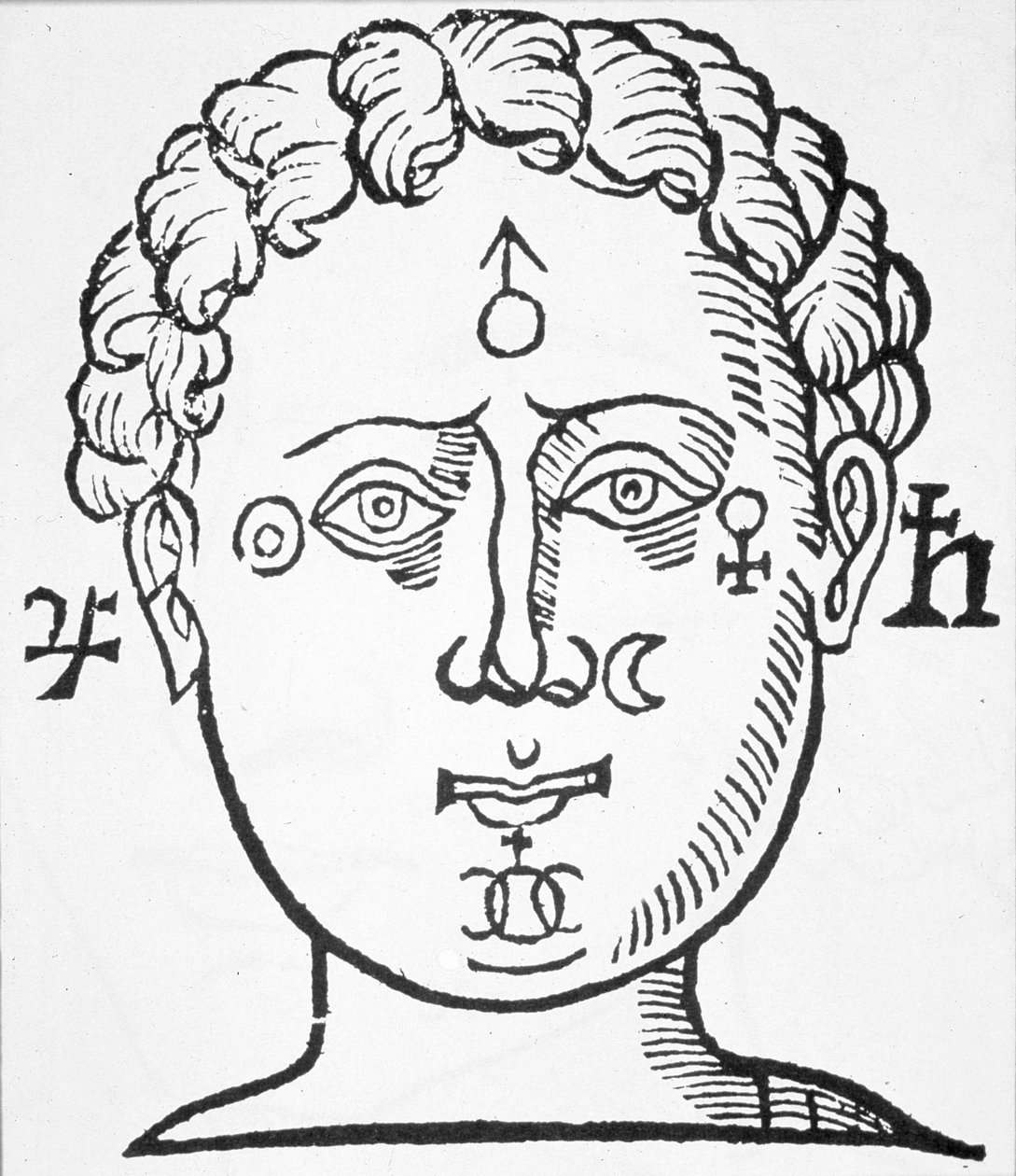 行星在人头中的位置，约翰·贝洛特，1649年里昂的一部分插图的复制品，用于19世纪后期出版的“魔法史” 作者 法语学校