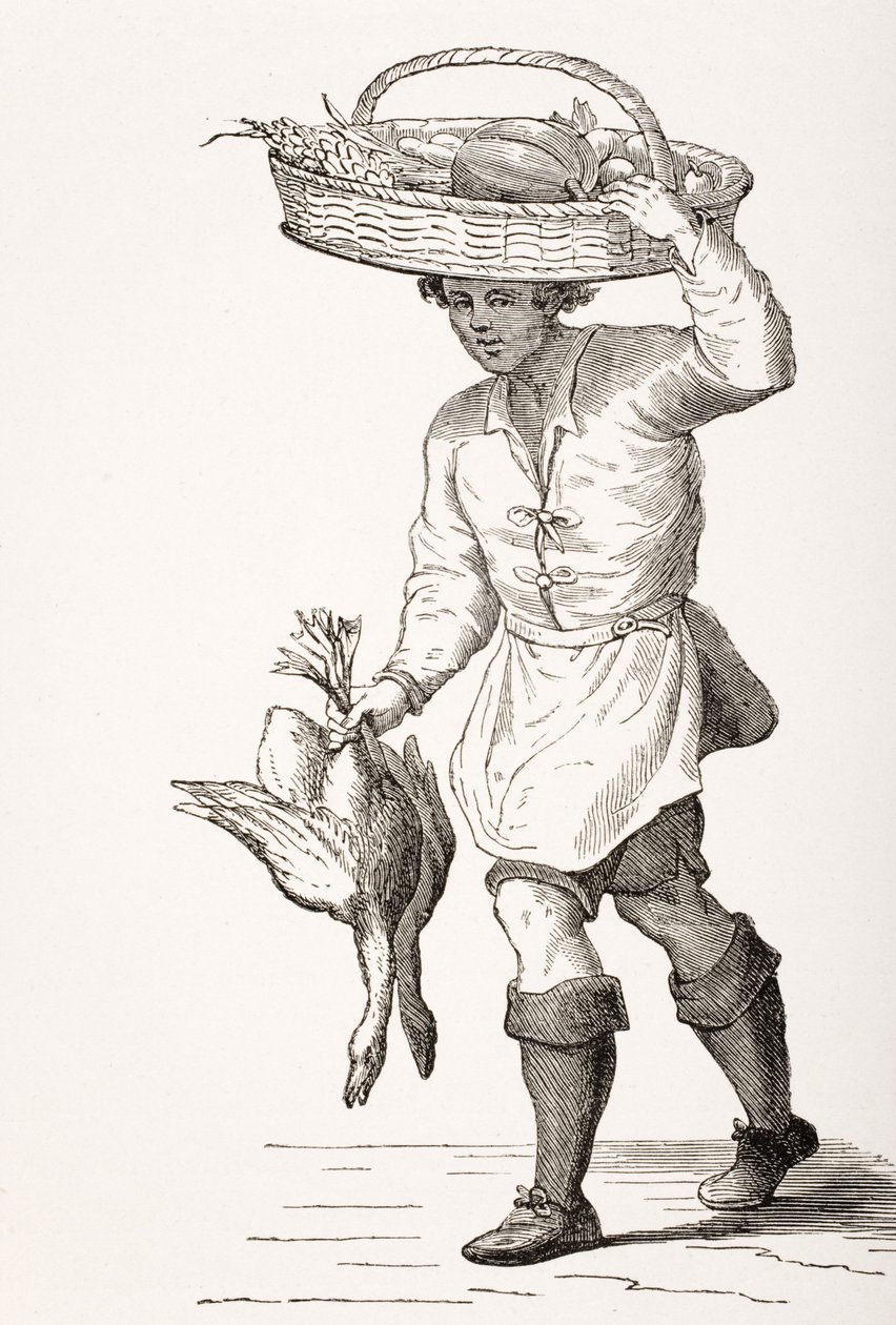 家禽经销商，经过Cesare Vecellio（1521-1601）的16世纪木刻，来自&39;Le Moyen Age et La Renaissance&39;的Paul Lacroix（1806-84），于1847年出版 作者 法语学校