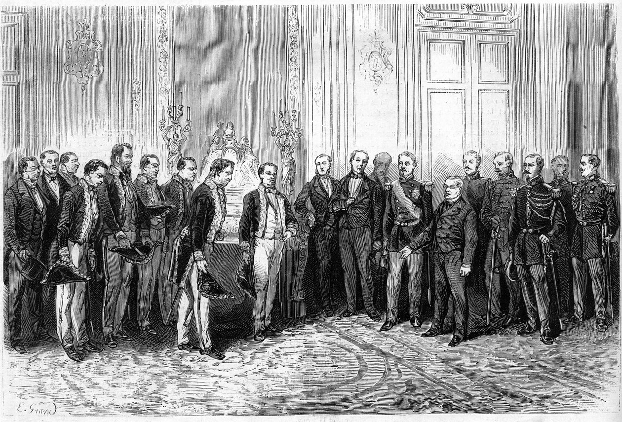 法兰西共和国总统阿道夫-梯也尔（1797-1877）在爱丽舍宫接待日本大使。1月4日《世界画报》第821期上的版画 作者 法语学校