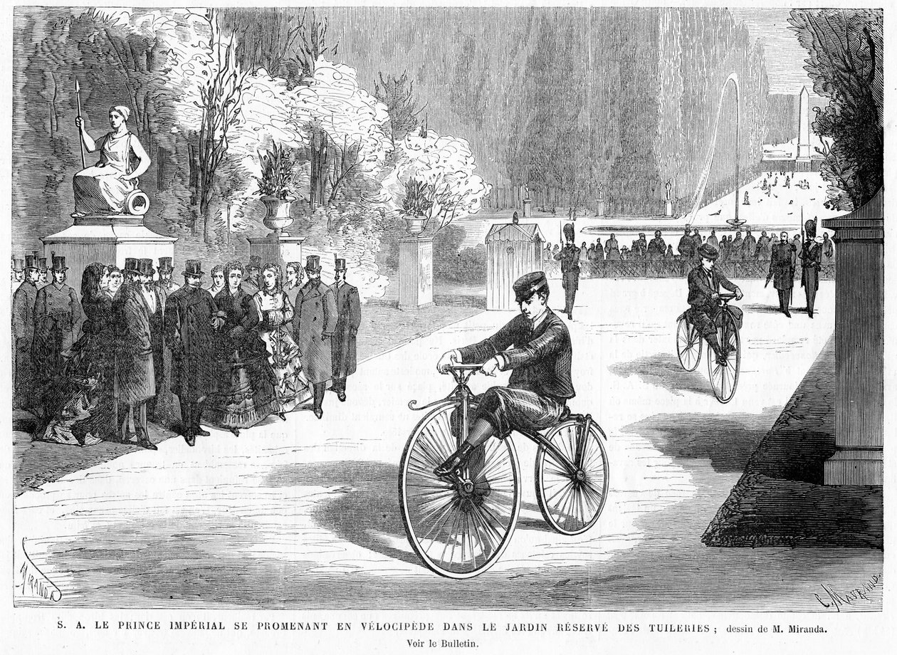 他的父母，皇帝和皇后观看的皇家帝国，显示了他在1869年巴黎杜乐丽花园的Michaux velocipede骑自行车的技巧 作者 法语学校