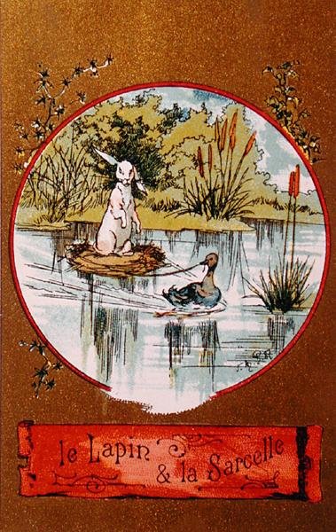 兔子和蓝绿色，由Jean de la Fontaine（1621-95）描绘寓言的插图卡片c.1880 作者 法语学校