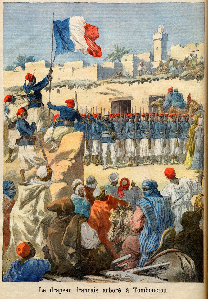 在廷巴克图（马里）升起的法国国旗来自《小报》，1894年2月（版画）--法国国旗在廷巴克图炫耀。为《小报》提供的插图 作者 法语学校