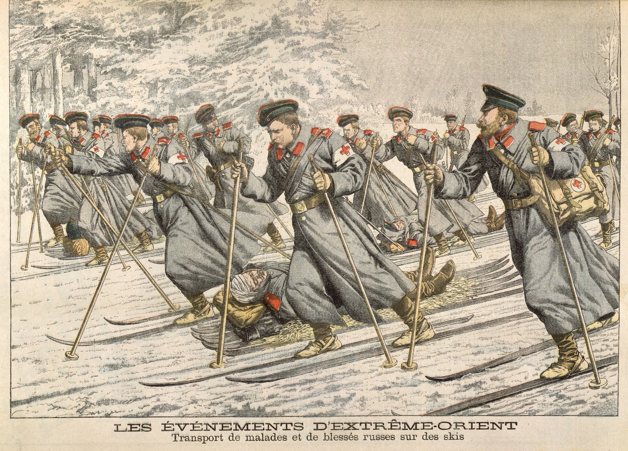 红十字会在日俄战争期间（1904-05）在Le Petit Journal上运送受伤的俄罗斯人，c.1904 作者 法语学校