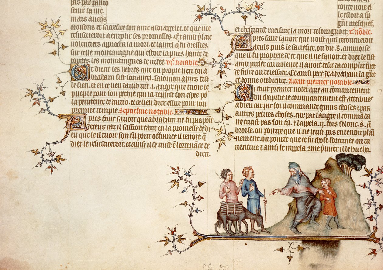 以撒的牺牲，来自Jean de Sy的圣经，c.1355 作者 法语学校