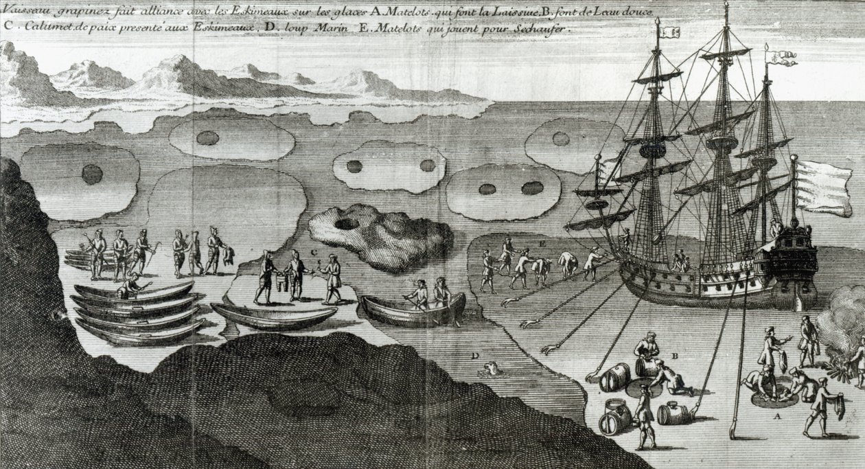 与爱斯基摩人的造船联盟，来自Bacqueville de La Potherie（1663-1736）的“Histoire de l&39;Amerique Septentrionale”，于1753年出版 作者 法语学校