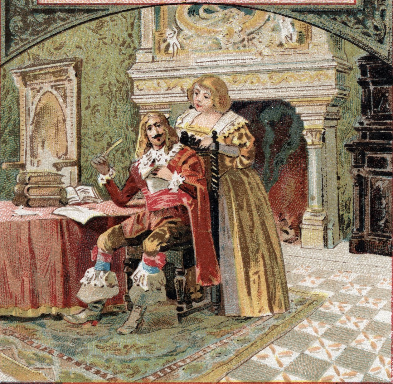 Beringhen陛下和Fargis夫人密谋反对黎塞留（Armand Jean du Plessis，黎塞留红衣主教（1585-1642），路易十三的大臣，在Azay-le-Rideau（Azay le Rideau）城堡（Indre-et-Loire）。19世纪末的彩色石版画 作者 法语学校