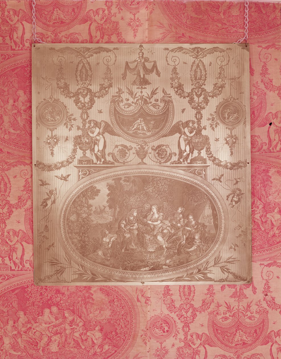 Telemachus的故事，在Toile de Jouy面料（铜）上印刷的版块 作者 法语学校