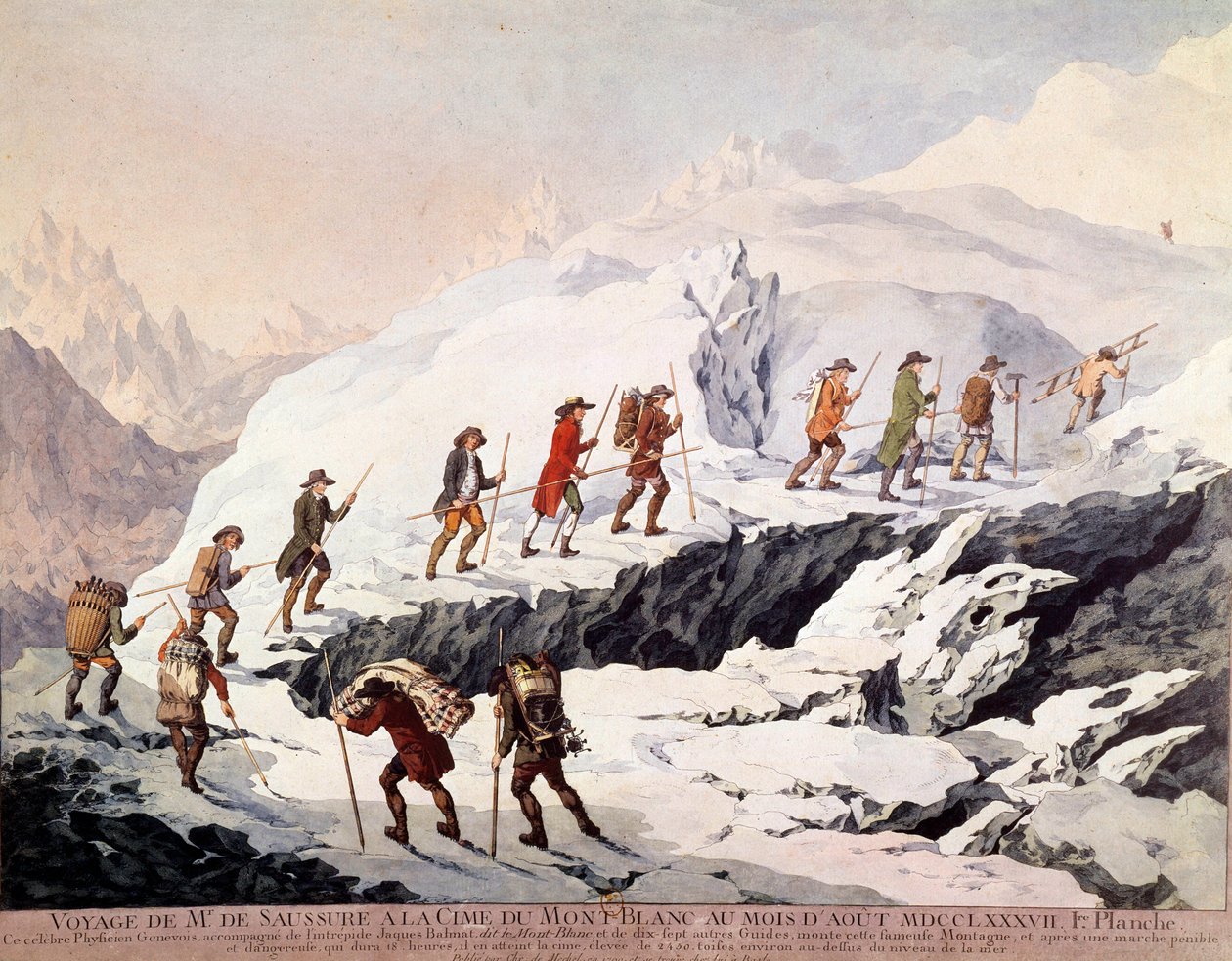 瑞士自然学家索绪尔的霍拉斯-本尼迪克特（Horace-Benedict）（1740-1799）和法国登山向导雅克-巴尔马特于1787年8月第二次登上了勃朗峰。 作者 法语学校