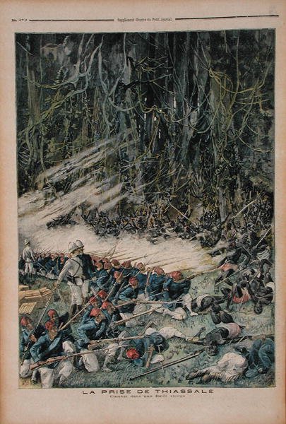采取Thiassale，在维尔京雨林的战斗，例证从Le Petit学报，1893年8月26日 作者 法语学校
