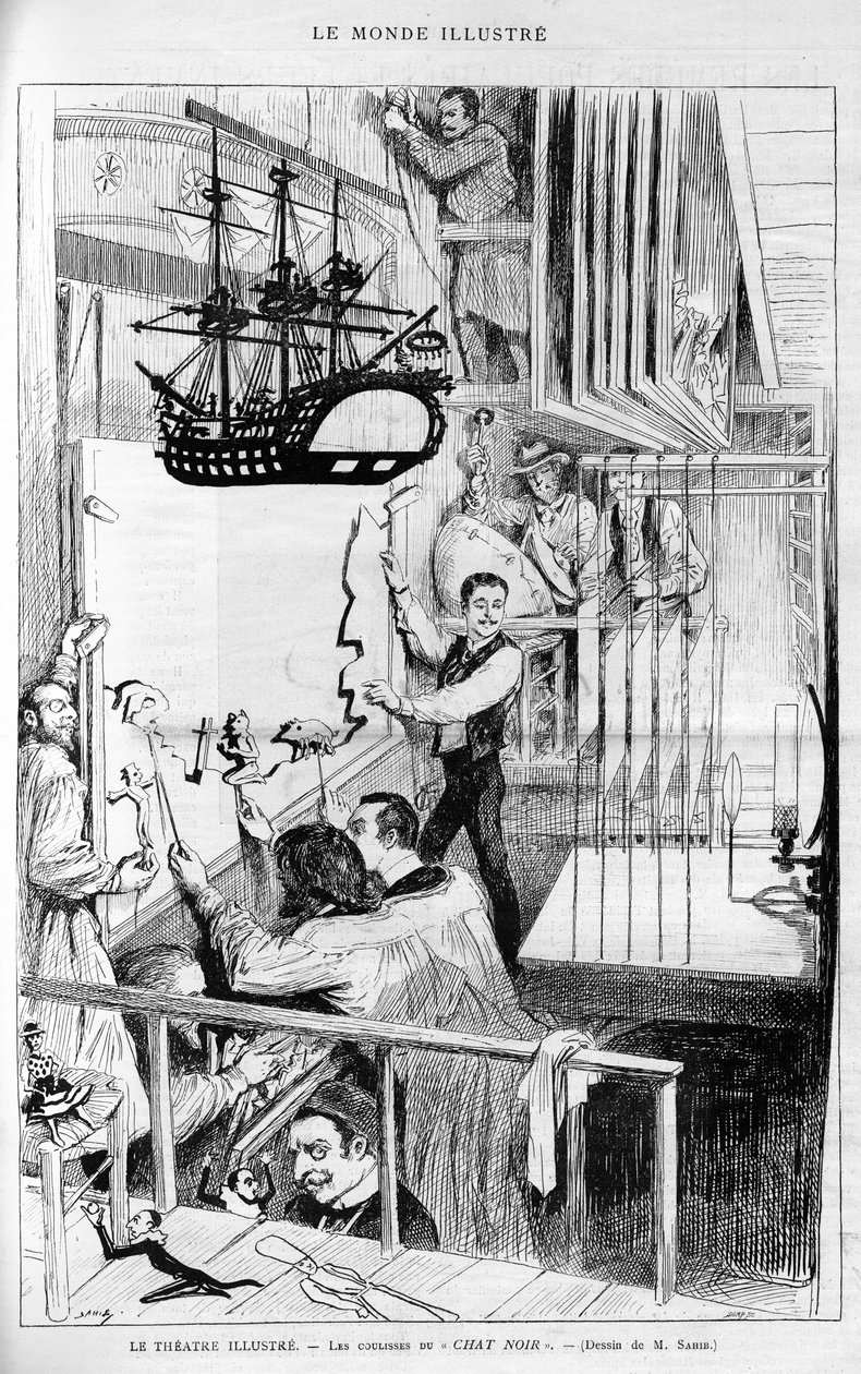 剧院的插图："黑店 "的幕后。雕刻在 "Le monde illustrious"，"1888年。 作者 法语学校