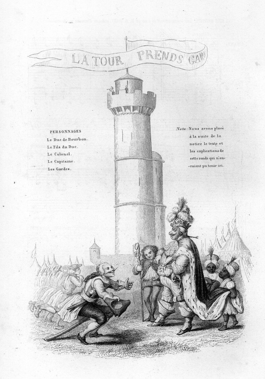 The Tower is careful. A colonel with a gun comes down to the king, followed by pages. Engraving in “” Chants et chansons populaire de la France””, Tome 2 作者 法语学校