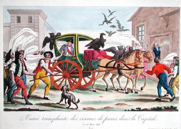 鸷鸟凯旋入京，拿破仑（1769-1821）返回巴黎的漫画，1815年3月20日（彩色雕刻版）。 作者 法语学校