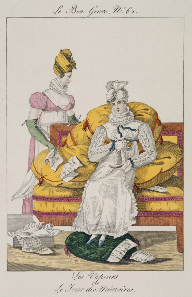 The Vapors或The Accounts Day，来自Le Bon Genre的第62页，1813年 作者 法语学校