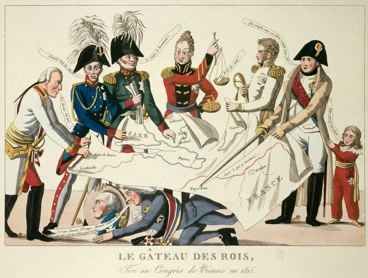 The Vienna Congress on 22/06/1815: the cake of kings. It reunited the eight world powers and sought to redefine the borders after the fall of the Empire of Napoleon I. Alexander I, Tsar of Russia; H.R. Stewart, Castlereagh; Francois Joseph I, Emperor of Au 作者 法语学校