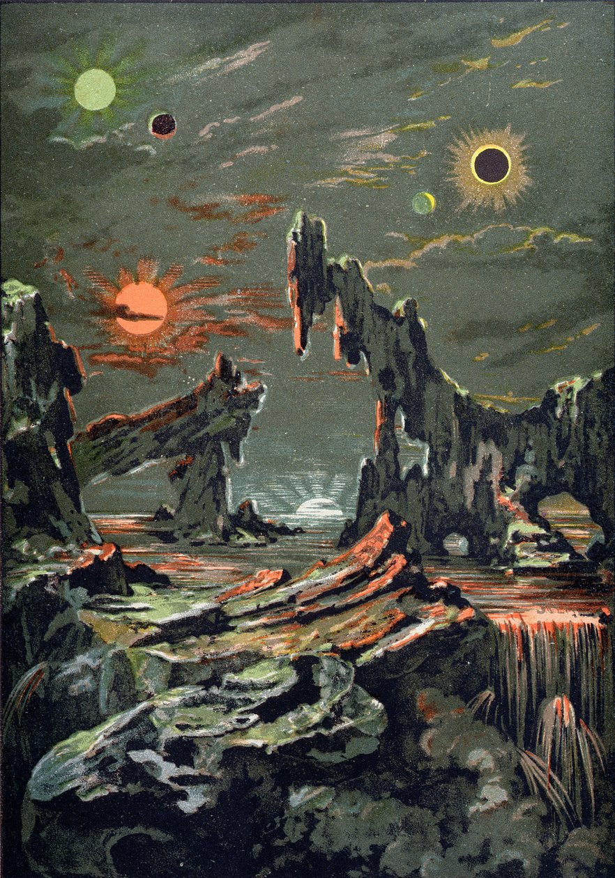四个月亮和四个太阳的世界，Lalitronomie Populaire的插图由Camille Flammarion（1842-1925）1881年写的 作者 法语学校