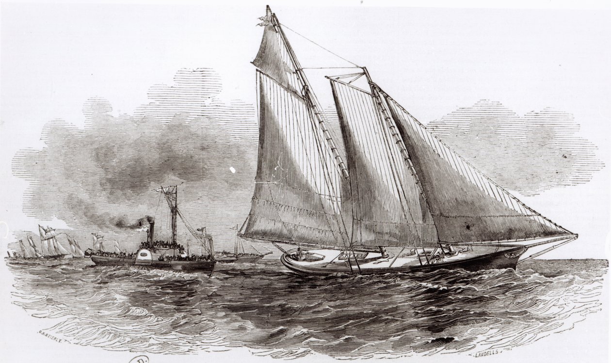 游艇美国在1851年的Le Monde Illustre，1851年的考斯帆船赛中处于领先地位 作者 法语学校