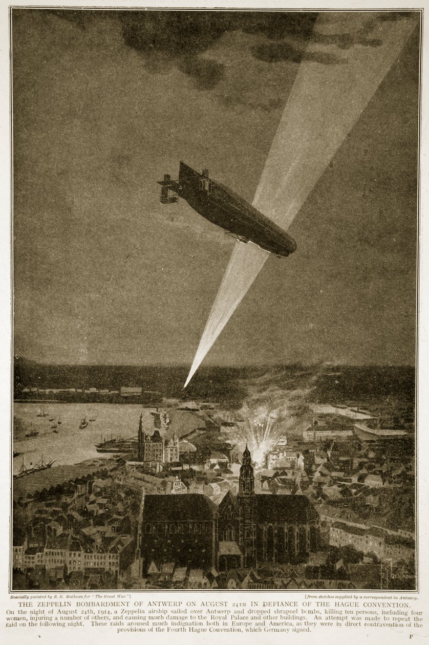 1914年8月24日安特卫普的齐柏林飞艇轰炸，蔑视海牙公约，1914-19 作者 法语学校