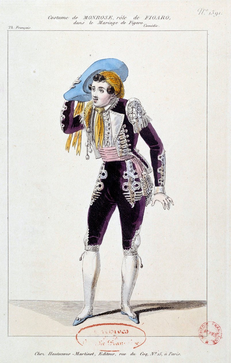 演员Claude Louis Seraphin Barizain (或Barisain) dit Monrose (1783-1843)在《费加罗的婚礼》中扮演费加罗，作者是Pierre Augustin Caron de Beaumarchais (1732-1799) 1784年巴黎，法国喜剧院。 作者 法语学校
