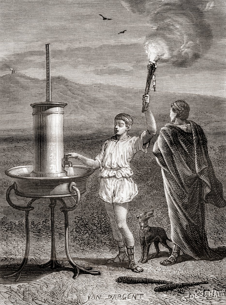 The ancient Greek hydraulic semaphore system being used by Aeneas to send a message, 4th century BC, from Les Merveilles de la Science, published c.1870 (engraving) 作者 法语学校