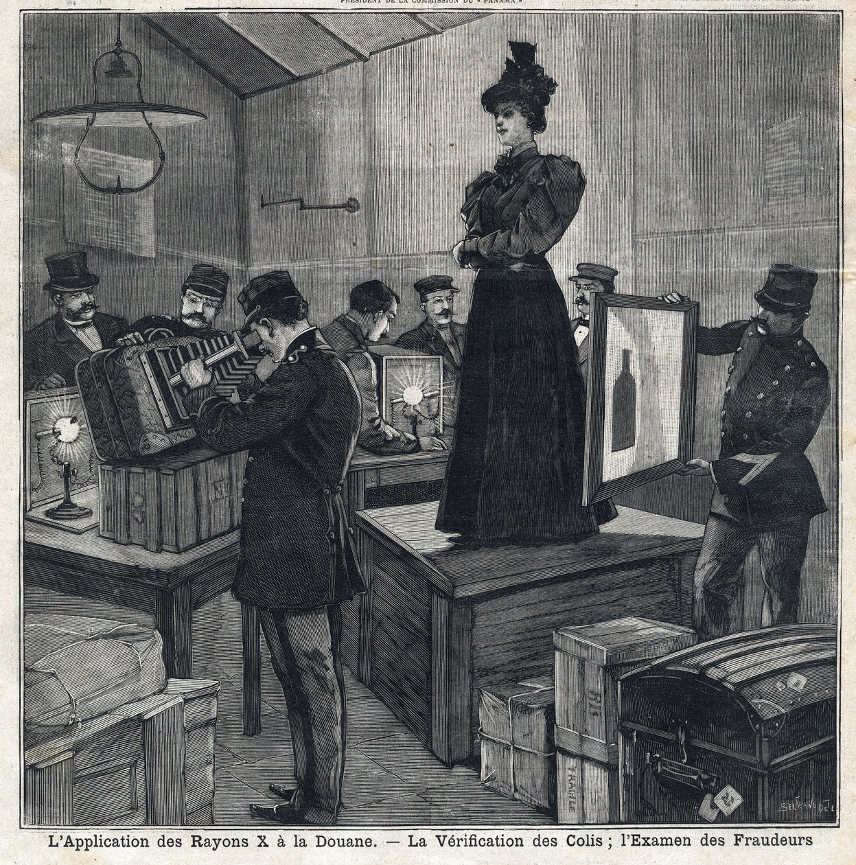 X射线（X-rays）的应用有海关：验证包裹和检查欺诈者。在1897年7月11日的 "Le Peute Parisien "上。私人收藏 作者 法语学校