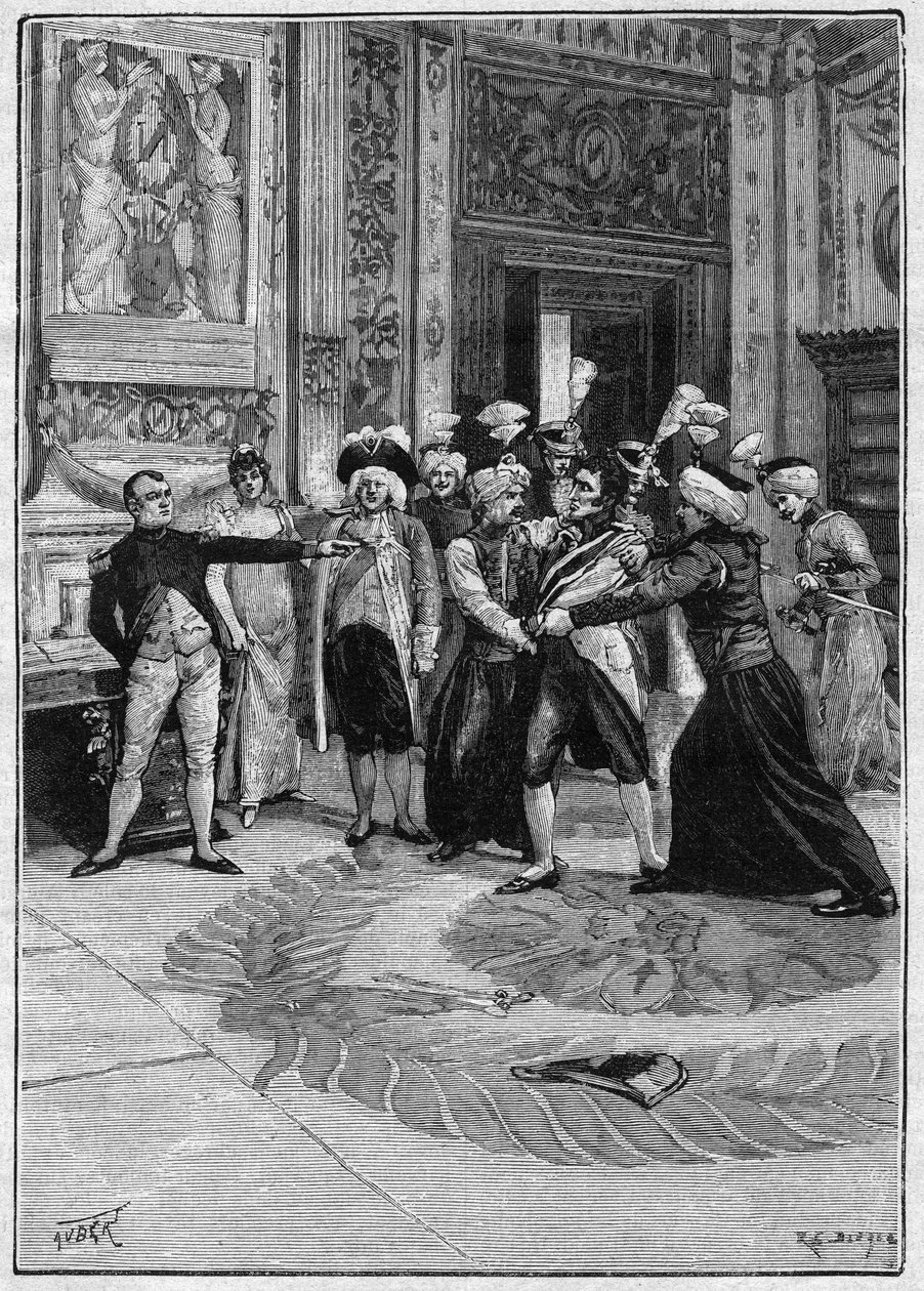 根据拿破仑一世（1769-1821）的命令逮捕内佩尔格伯爵（1775-1829）。维克多-萨杜（1831-1908）和埃米尔-莫罗（1852-1922）创作的《无基因夫人》插图。1895年11月21日 "La gazette du dimanche "上的雕刻。 作者 法语学校