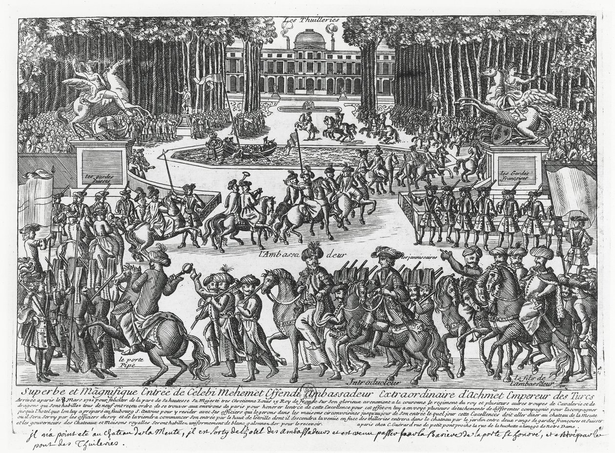 The arrival of Mehmed Celebi Efendi, ambassador of Sultan Ahmed III of Turkey, at the Tuileries to be received by Louis XV in 1721 (engraving) 作者 法语学校