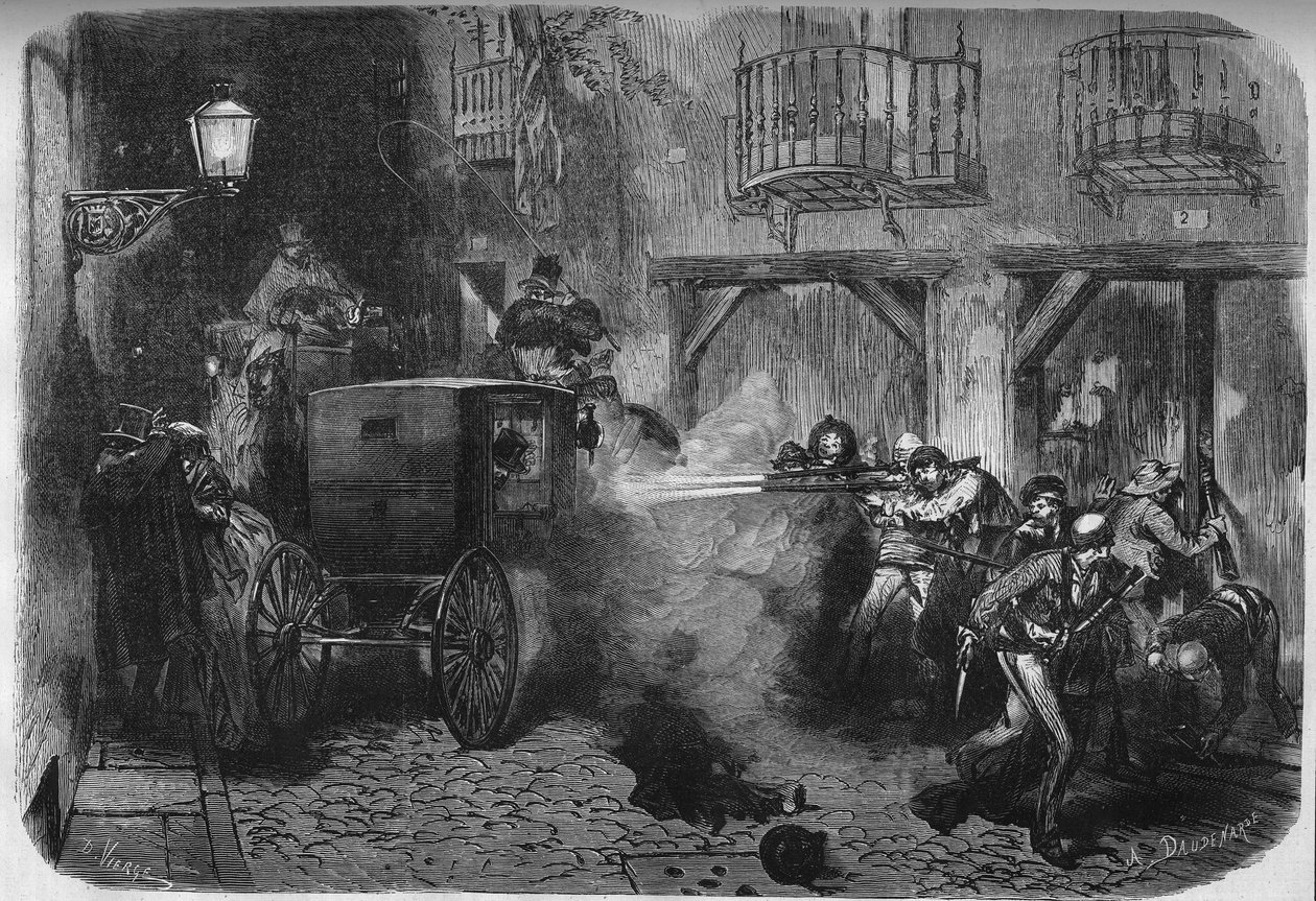 1870年12月28日，西班牙将军和政治家胡安-普里姆-普拉特（Juan Prim y Prats，1814-1870）在离开议会时，在马德里的德尔图尔科大街被暗杀。1871年2月25日《世界画报》第724期上的版画。 作者 法语学校
