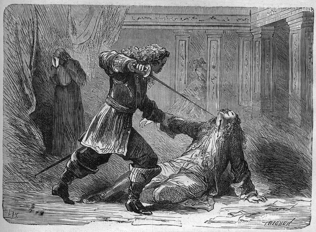 The assassination of Marquis Gianrinaldo Monaldeschi, lover of Queen Christina of Sweden (1626-1689) - The assassination of Marquis Giovanni Monaldeschi in 1656, favorite of Queen Christine of Sweden (1626-1689) at the castle of Fontainebleau. Engraving in 作者 法语学校