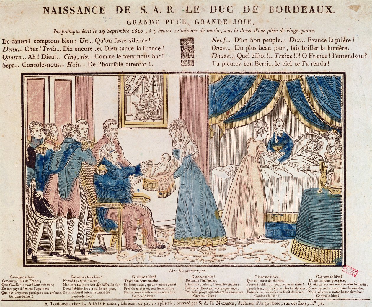 法国的Henri Charles Ferdinand Marie Dieudonne，1820年9月29日波尔多公爵，Chambord伯爵的诞生（彩色木版画） 作者 法语学校