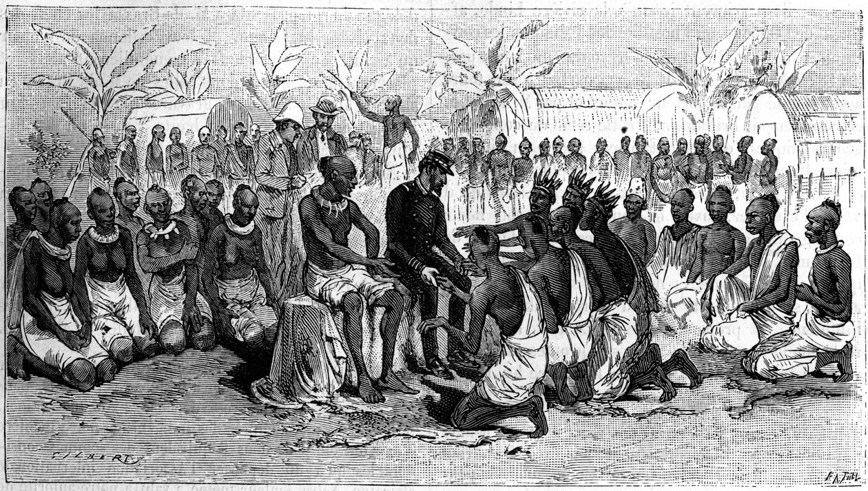 刚果海岸的酋长将他们的手放在探险家Pierre Savorgnan de Brazza（1852-1905）的手上，以示放弃其领土。雕刻于 "La Nature.科学及其在艺术和工业中的应用评论》中的版画。 作者 法语学校