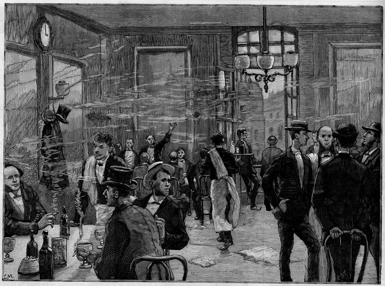 巴黎蒙马特街的一家咖啡店的咖啡男孩，载于1886年的《图画世界》。 作者 法语学校
