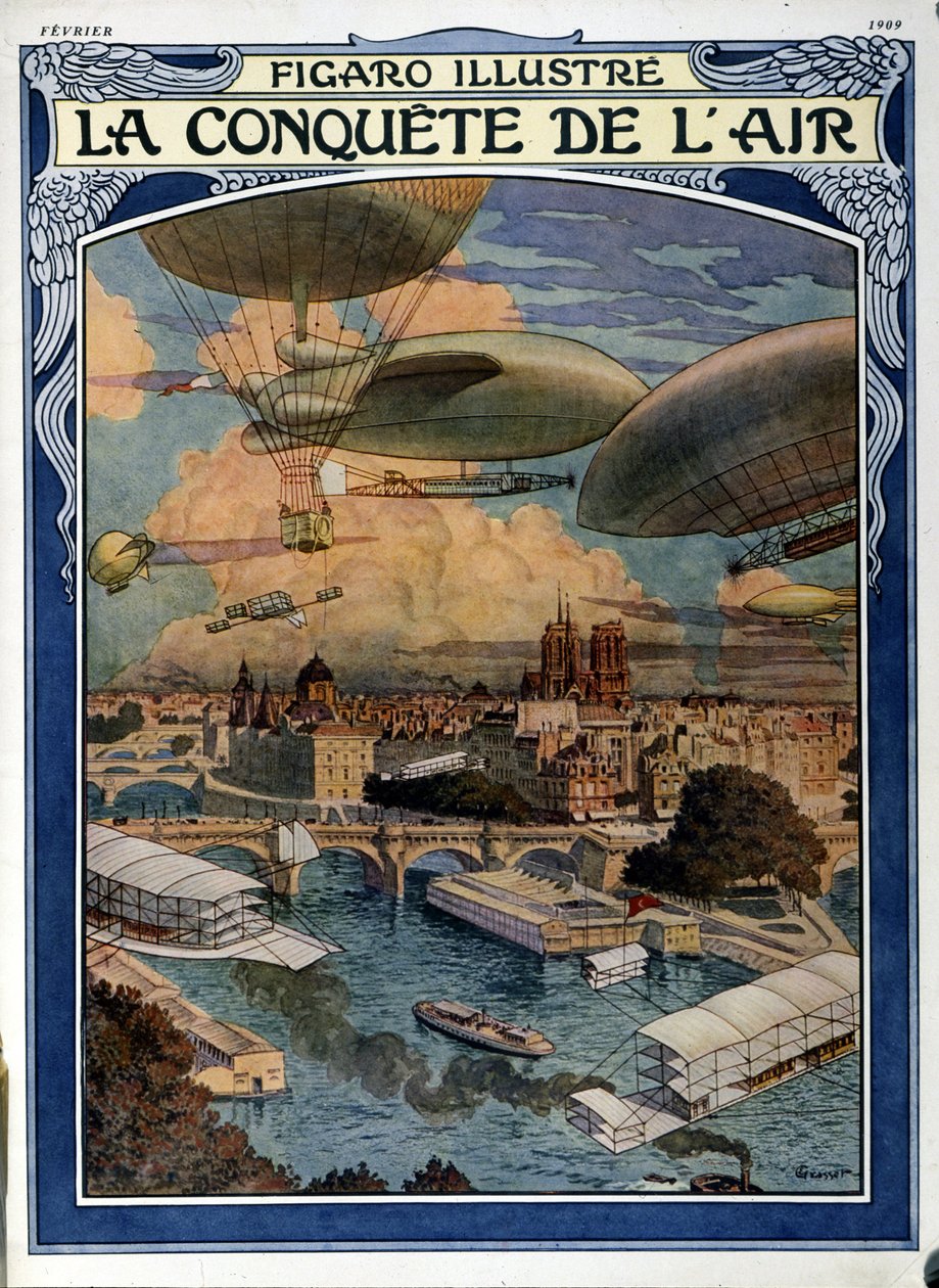空中征服：飞艇、气球和热气球飞越巴黎--1909 年 2 月《费加罗画报》封面 作者 法语学校