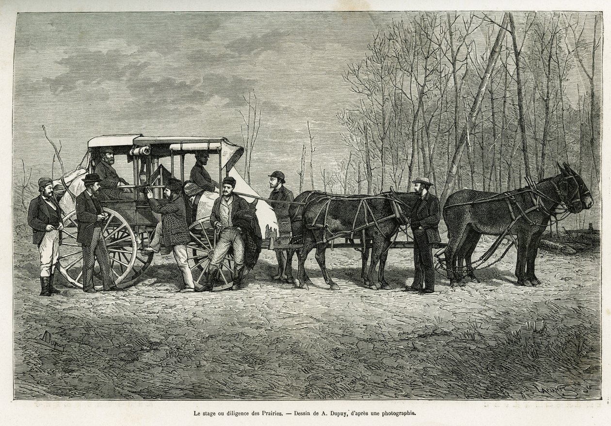 草原上的马的路线或勤奋，由A.Dupuis绘制，用于说明1873年H. de Lamotte对加拿大和北部红河的游览故事。Le tour du monde中的版画 作者 法语学校