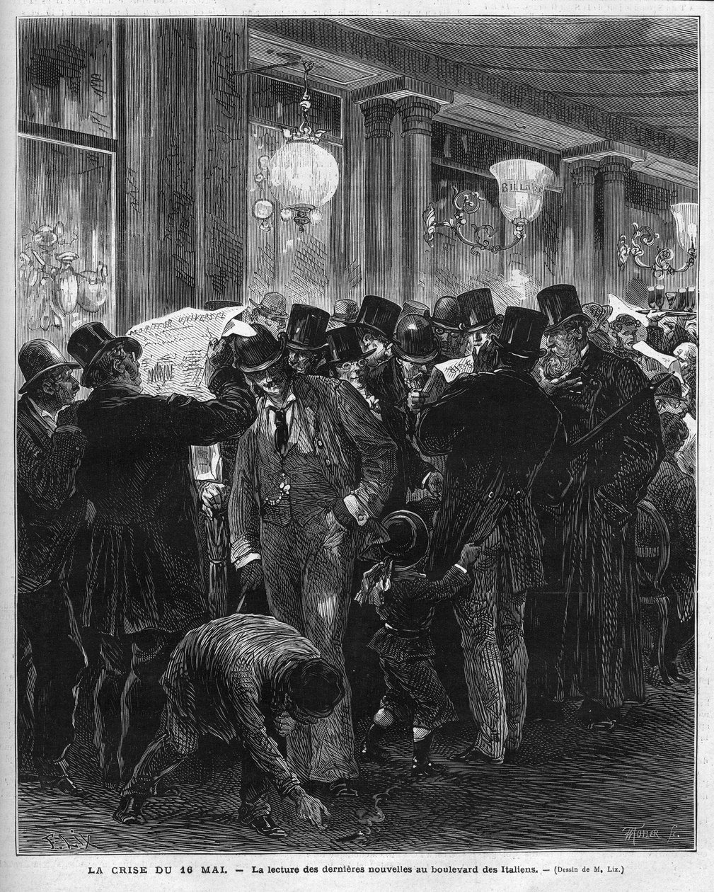 1877年5月16日的危机：在巴黎的意大利人大道上阅读最新消息。这场法国政治危机是由麦克-马洪（Mac-Mahon）批评议会主席儒勒-西蒙的态度而引起的，后者最终将恢复 作者 法语学校