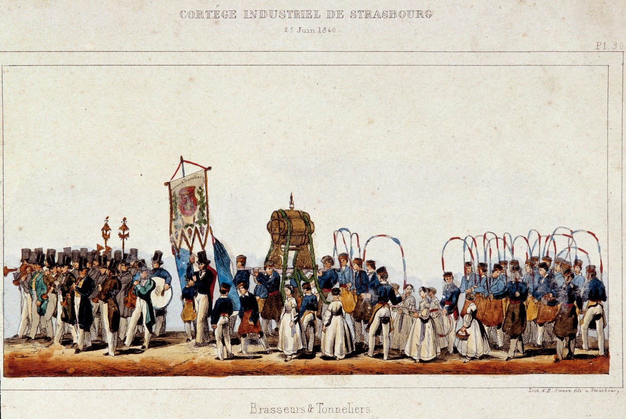 1840年6月25日在斯特拉斯堡举行的工业游行中，啤酒商和酿酒商的舞蹈。西蒙的石版画 作者 法语学校