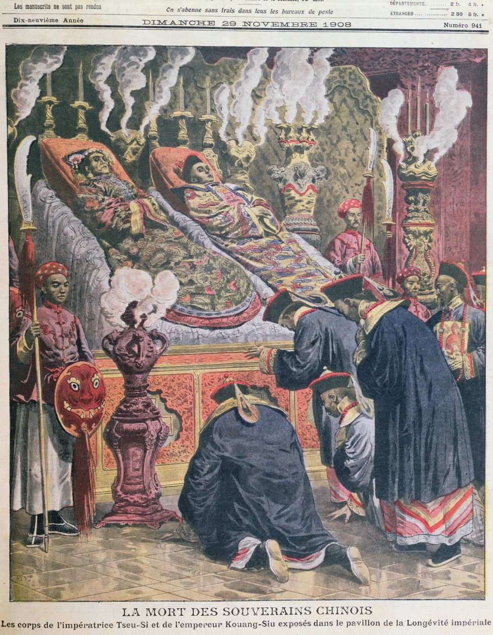 显示皇帝Kouang-Siu（1872-1908）和他的姨妈Tueu-Hi（1835-1908）在皇帝长寿的亭子，从Le Petit Journal 1908（彩色岩石）的插图 作者 法语学校